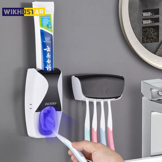 Dustproof Automatic Toothpaste Dispenser Set: Wall-Mounted Toothbrush Holder with Sticky Suction - Ideal for Bathroom Organization!